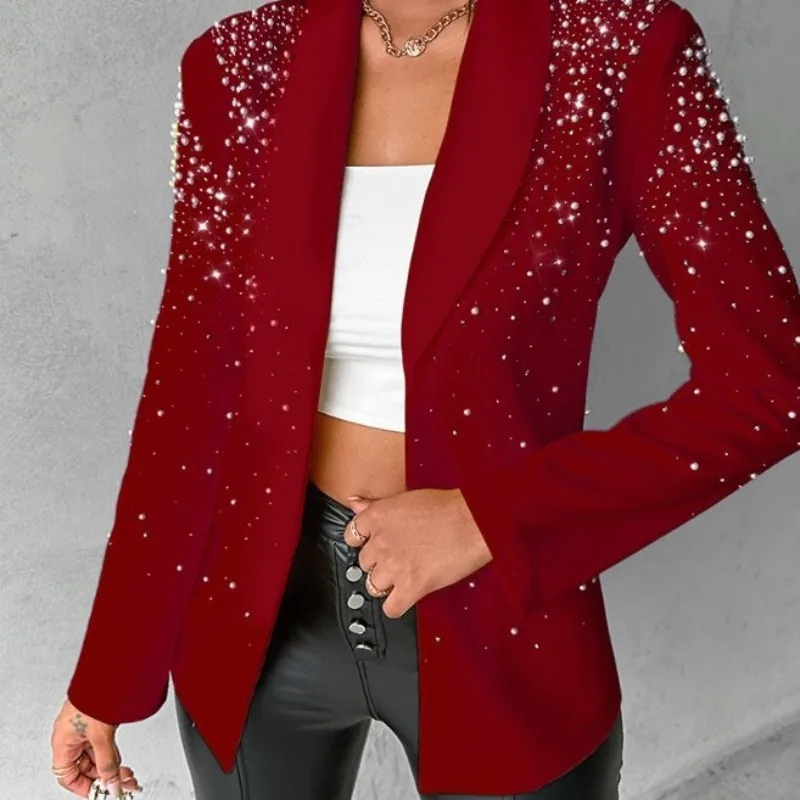 2024 Elegant Women Slim Blazer Suit Chic Fashion Office Lady Long Sleeve Lapel Collar Pearl Jacket Coat Outwear