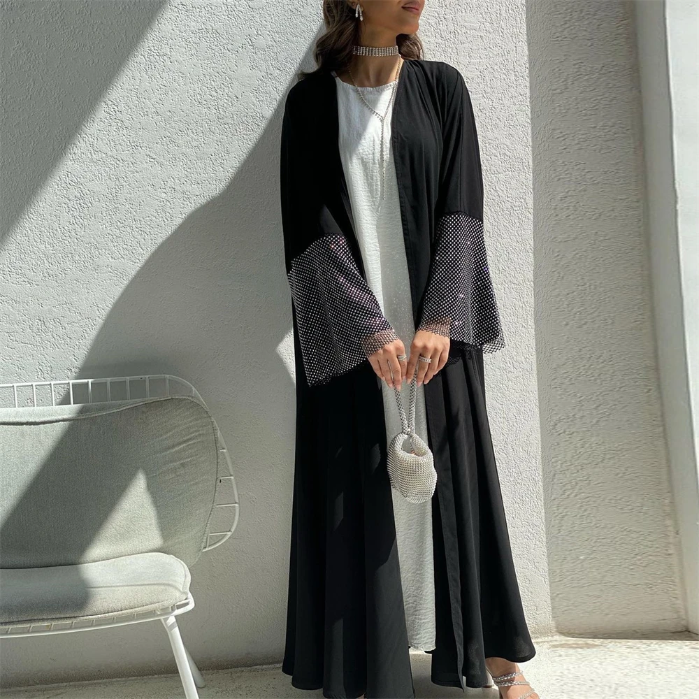 

Black Nida Open Abaya Women Dubai Diamonds Kimono Cardigan Muslim Maxi Dress Marocain Kaftan Eid Ramadan Jalabiya Robe Gown Arab