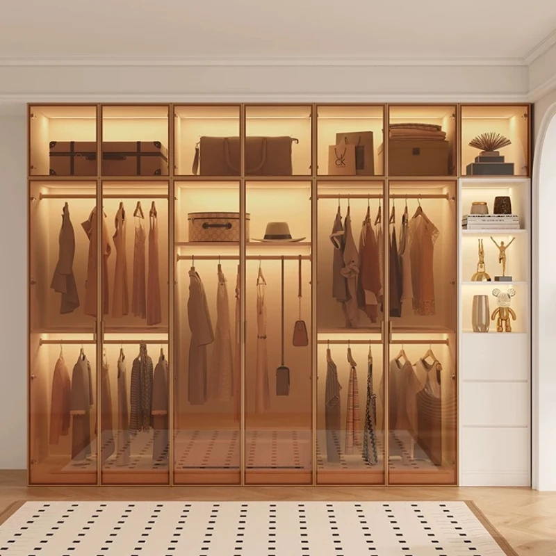 Modern Luxury White Frame Glass Door Wardrobe Solid Wood Combined Walk-In Closet with Built-In LED Ambient Light for Bedroom