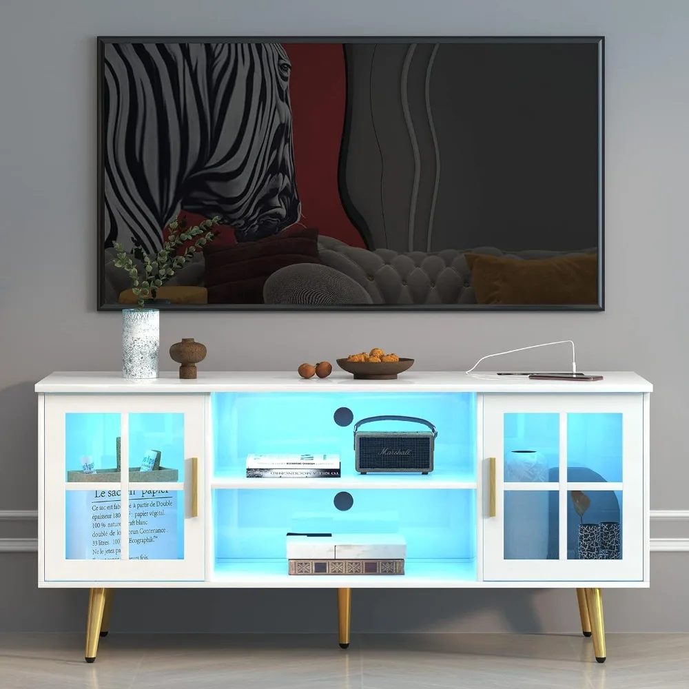 

LVSOMT Modern TV Stand with Storage, Entertainment Center Cabinet for Living Room, Media Console with 24 Color Lights (Pearl