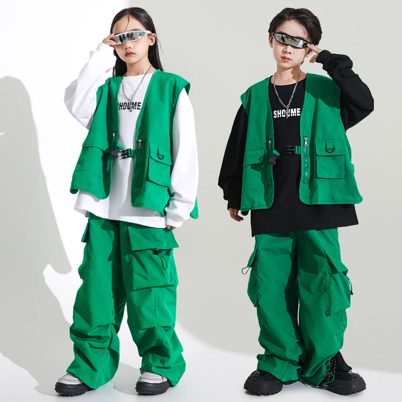 Kids Kpop Hip Hop Clothing Green Jacket Vest Sweatshirt Tops Streetwear Jogger Pants for Girl Boy Performance Jazz Dance Costume