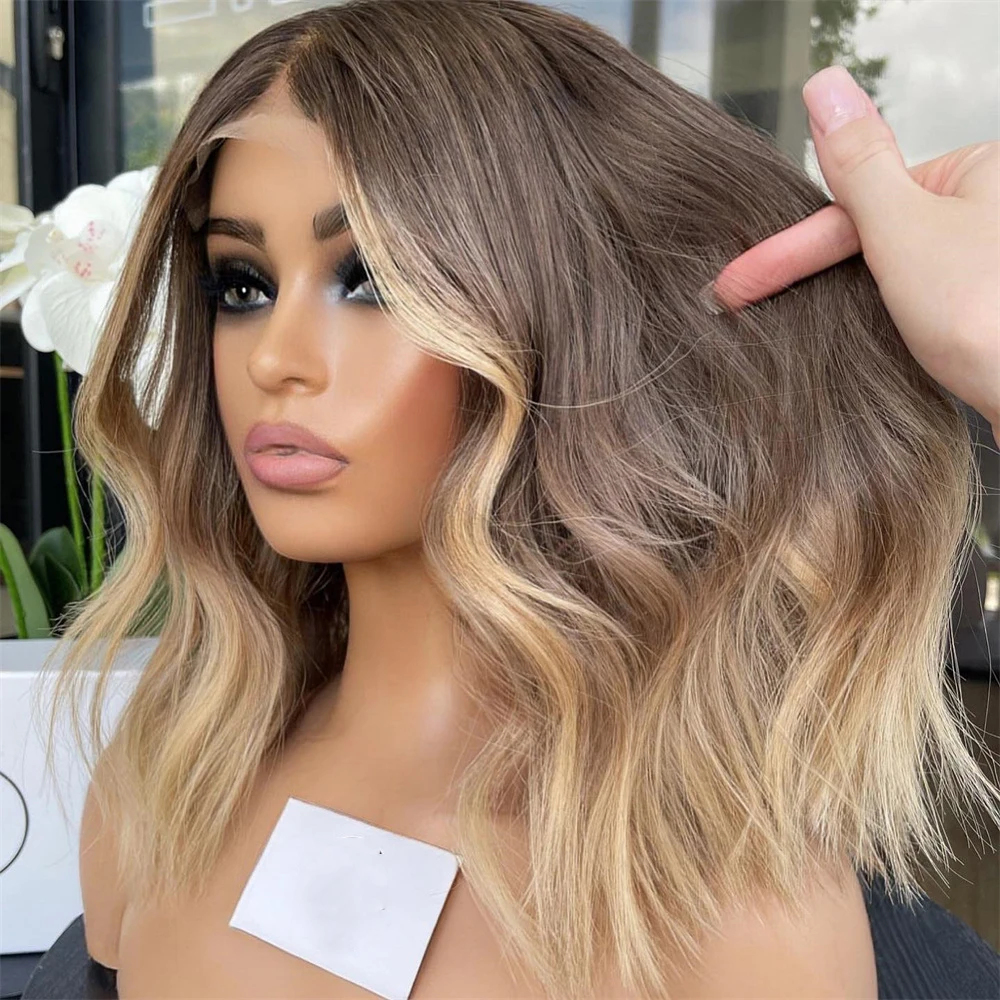 

Ombre Brown Synthetic Short Wave Wig Lace Frontal 13x4 Bob Style Honey Ash Blonde Cosplay Daily Use Women's Wig