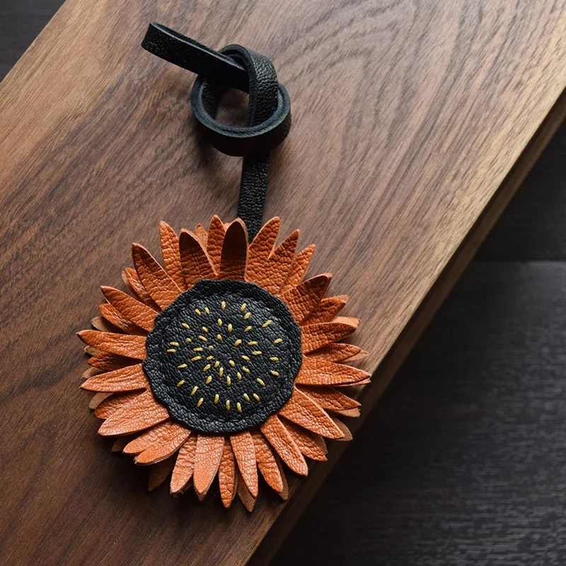 

Handmade Leather Sunflower Bag Charm Keychain Key Ring