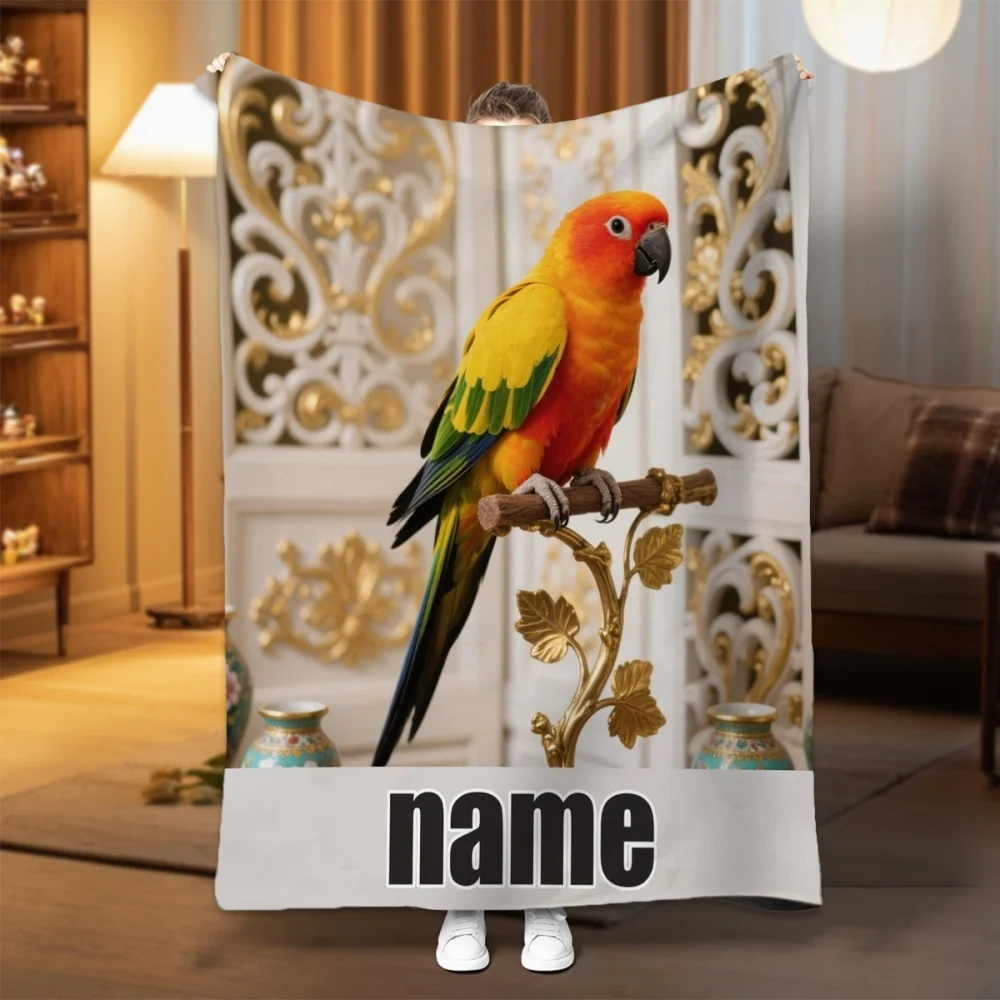 Personalized Custom Name Parrot Flannel Blanket Cute Sun Cone Tail Parrot Single Side Print Soft Quick Dry Blanket Ideal Gift