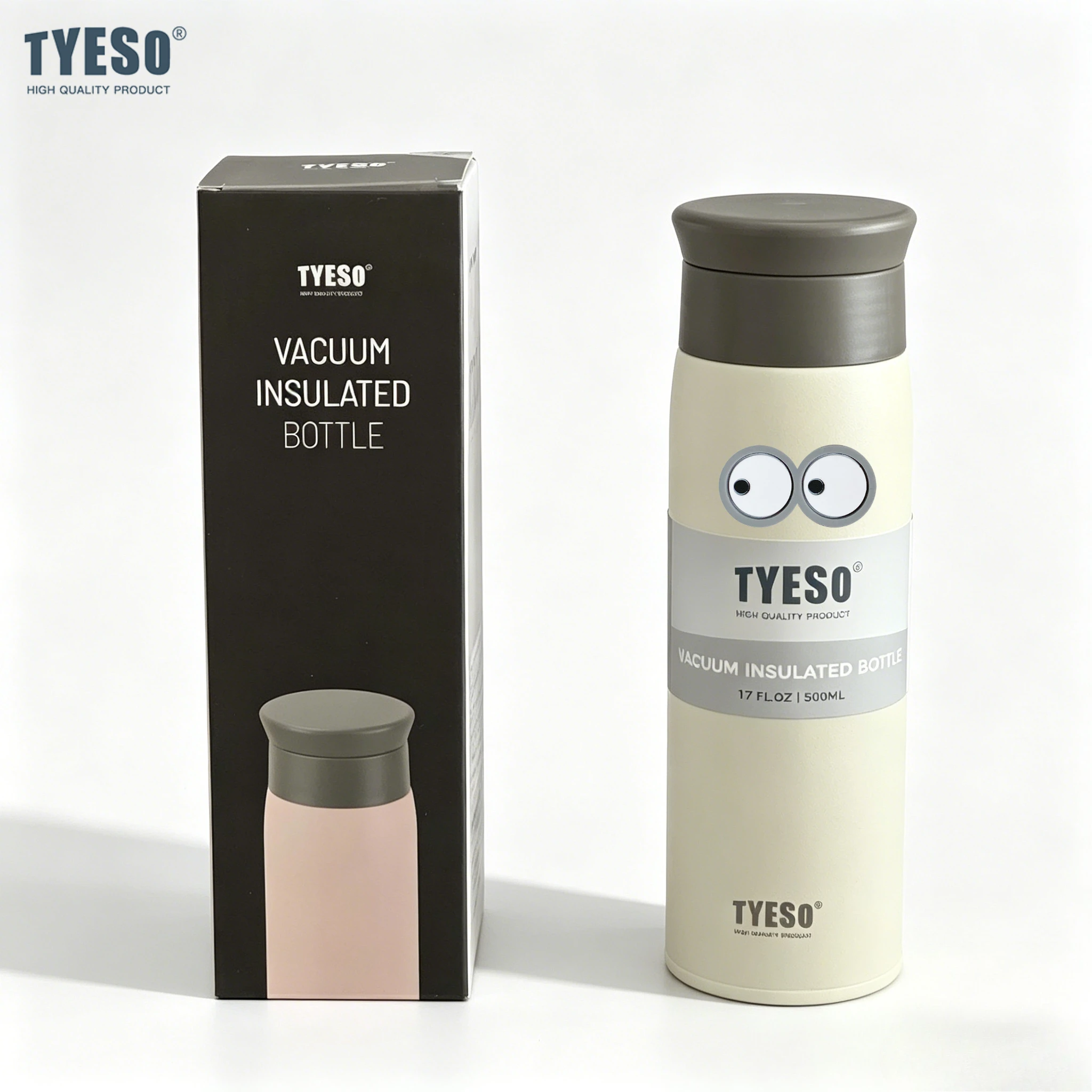 Tyeso 500ml Eye Adhesive Stickers Portable Thermoses Stainless Steel Insulated Water Bottle Simple Round Shoulder Travel Mug