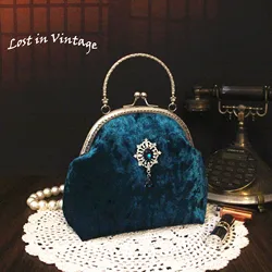 Lost in Vintage Petrol Blue Velvet Elegant Evening Bag Metal Kiss-lock Frame in Silver with Crystals and Rhinestones Wedding