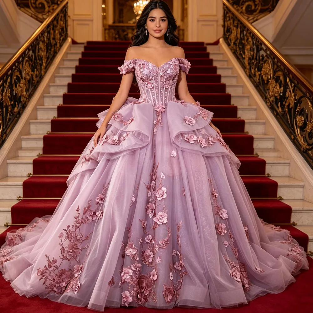 Purple Vestidos De 15 Años Quinceañera Sweetheart Off Shoulder Bow Appliques Lace Up Back Customized Quinceanera Dress