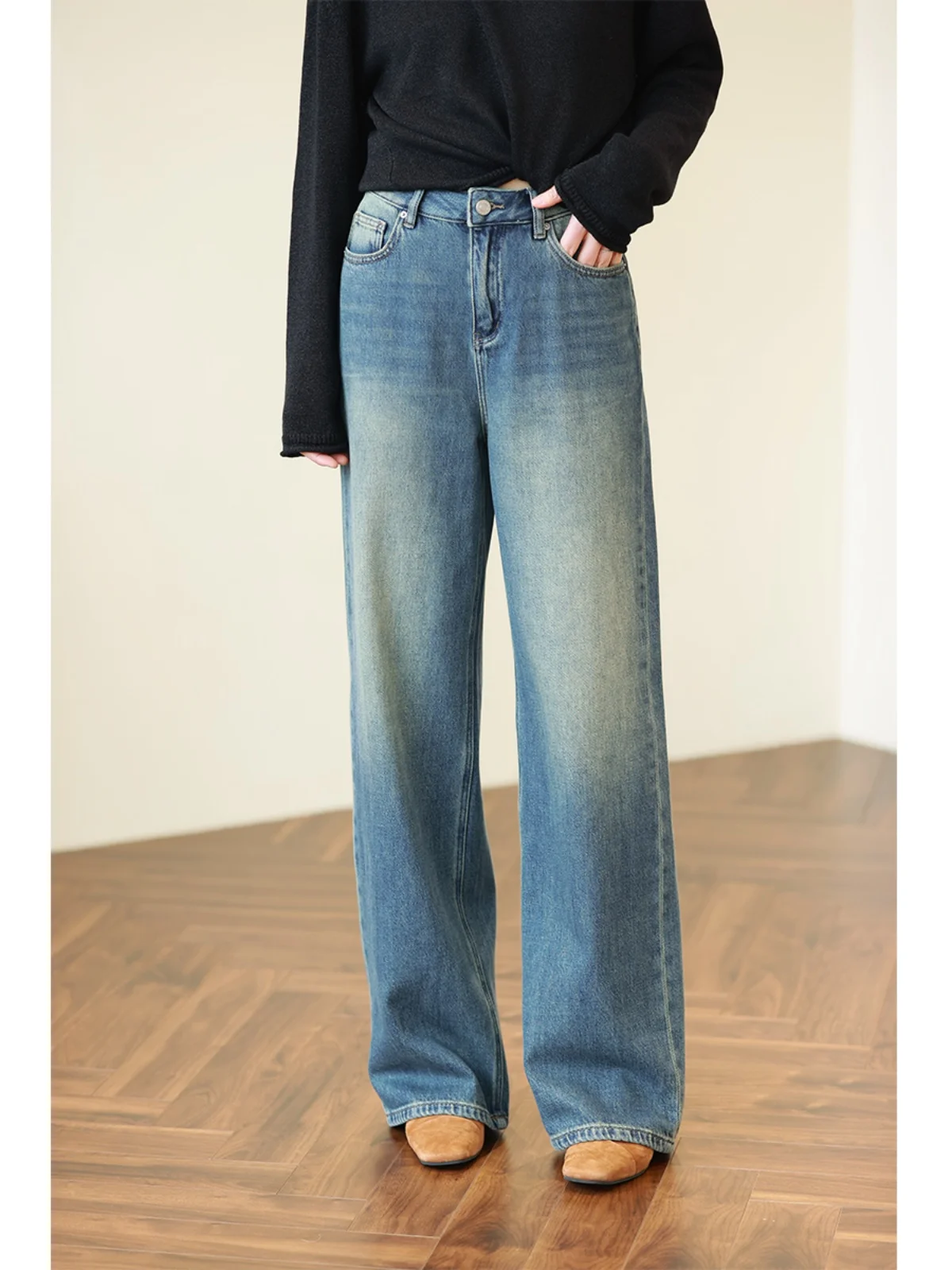 

Retro High Waist Loose Slimming Blue Cotton Denim Wide Leg Pants Women's Straight Cut Summer New Style Ladies Jeans