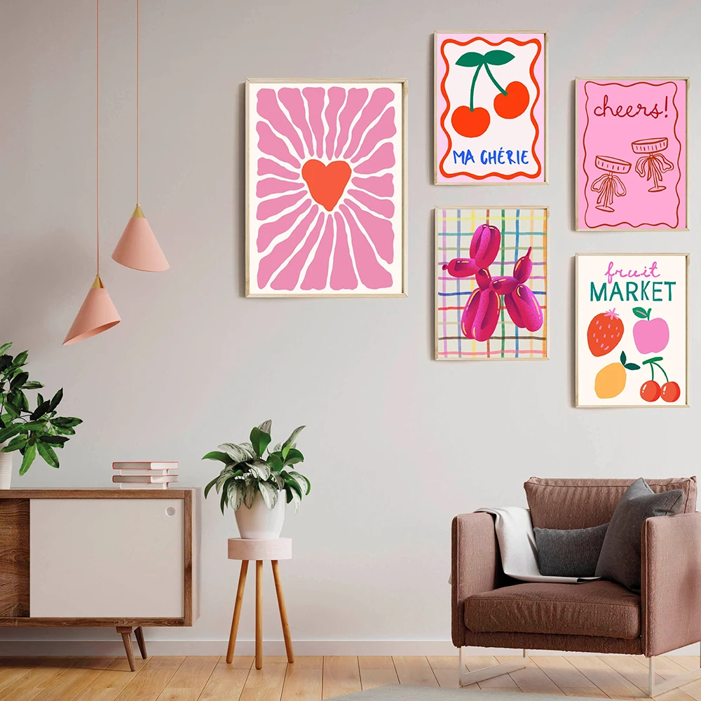 Preppy Wall Art Pink Balloon Dog Orange Quotes Teen Girl Room Posters and Prints Dopamine Decor Quirky Dorm Y2k Cool Pictures