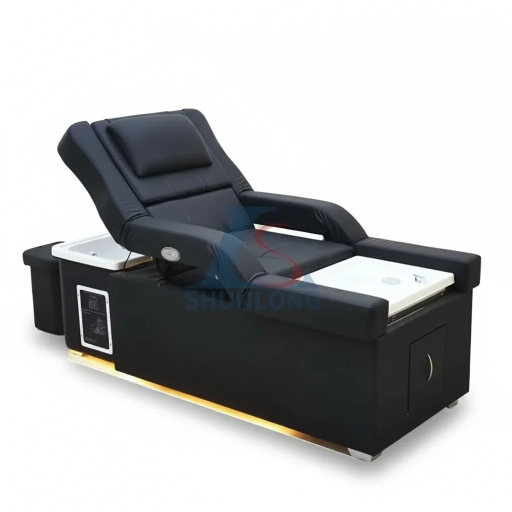 

Electric Shampoo Bed, PU Leather Salon Massage Chair, Stainless Steel Head Spa Table, Strip Lights, Commercial Furniture