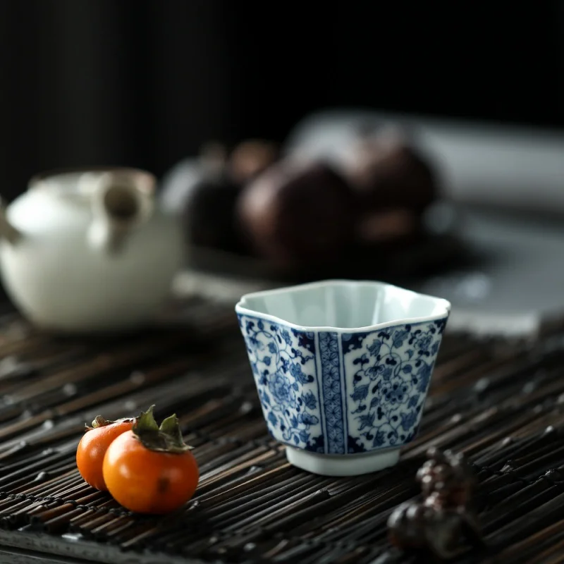 ★ Taza de cerámica Mr. Qing Jingdezhen Chai horno azul y blanco punto trabajador hilo taza cuadrada Kombucha Master Cup Individual