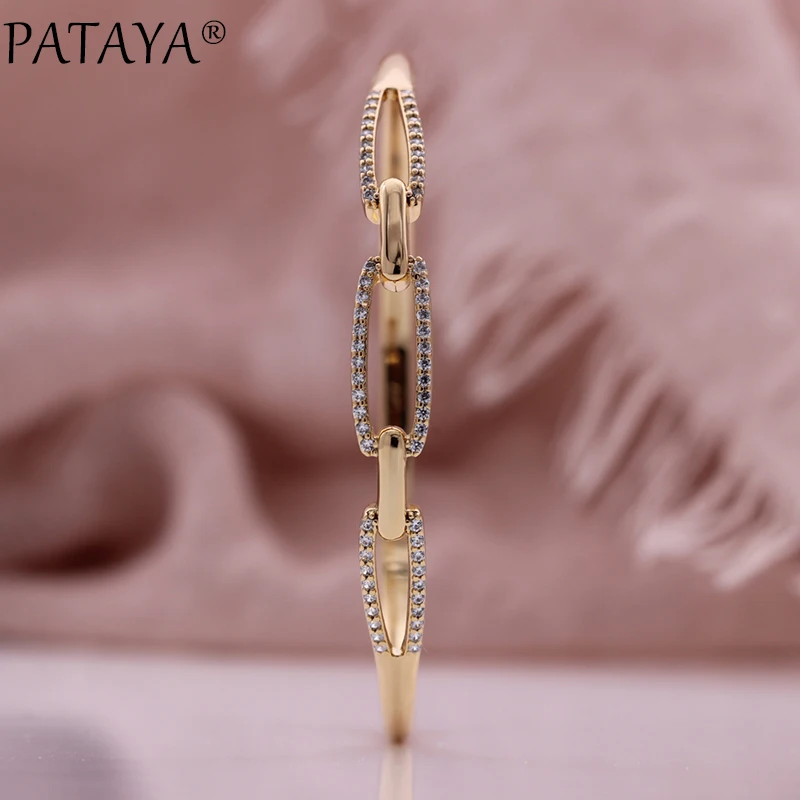 PATAYA New Romantic Women Luxury Bangles 585 Rose Gold Color Wedding Geometric Fashion Jewelry Natural Zircon Hollow Bangle