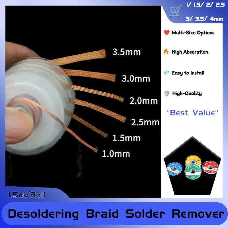 

1/ 1.5/ 2/ 2.5/ 3/ 3.5/ 4mm Desoldering Braid Solder Remover Wick 1.5M Wire Welding Tin Sucker Cable Lead Cord Flux Repair Tool