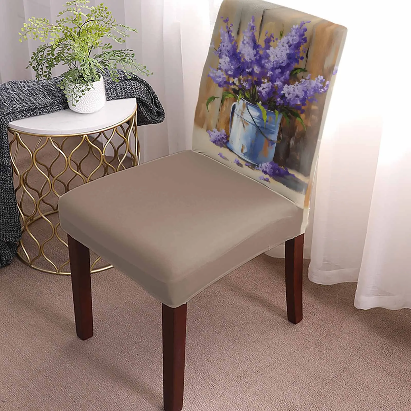 Oil Painting Purple Lavender Iron Bucket 4/6/8PCS Spandex Elastic Chair Case For Wedding Hotel Banquet Dining Room