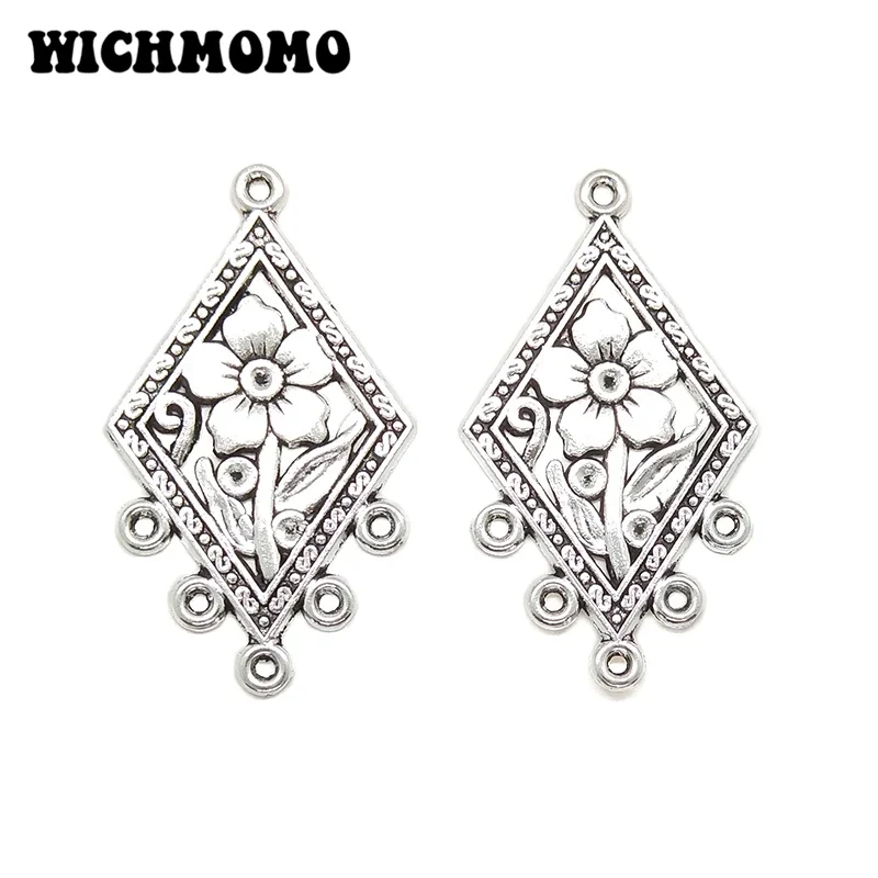 New 5pieces 48*28MM Retro  Zinc Alloy Rhombus Flowers Connectors Charms Pendants for DIY Necklace Jewelry Accessories
