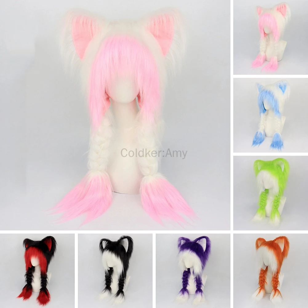 

Halloween Costumes Fursuit Fur Cat Ears Headwear Plush Warm Hat Costume Party Head Accessories for Women Animal Hoods Furry Hat