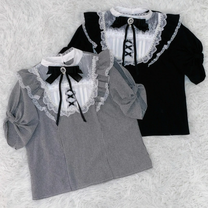 

Japanese Gothic Lolita Style Shirts Women Kawaii Cute Lace Bow Ruffle Puff Short Sleeve Blouses Vintage Y2k Aesthetic Grunge Tee