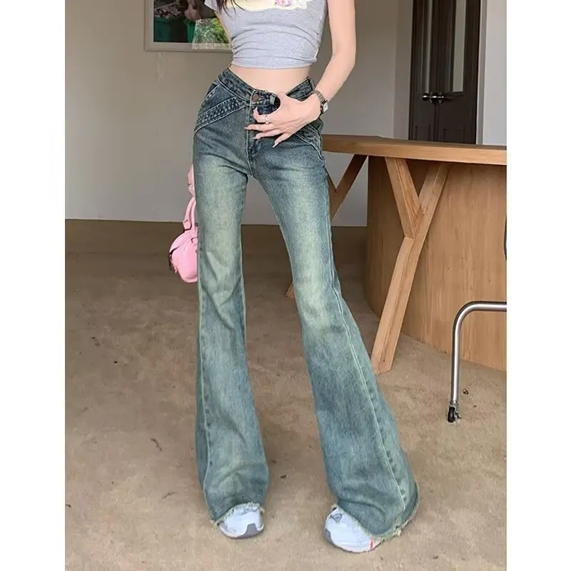 

American retro girl-style distressed denim pants for women,spring/autumn2025newdesign,slimming and versatile,fitted flared pants