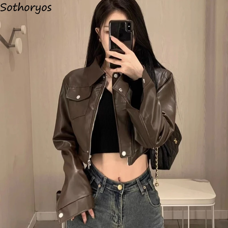 

Jackets Women Autumn Vintage Long Sleeve Solid Casual Coats Female Cropped Tops Sexy Streetwear Buttons Zipper-up Warm Fashion