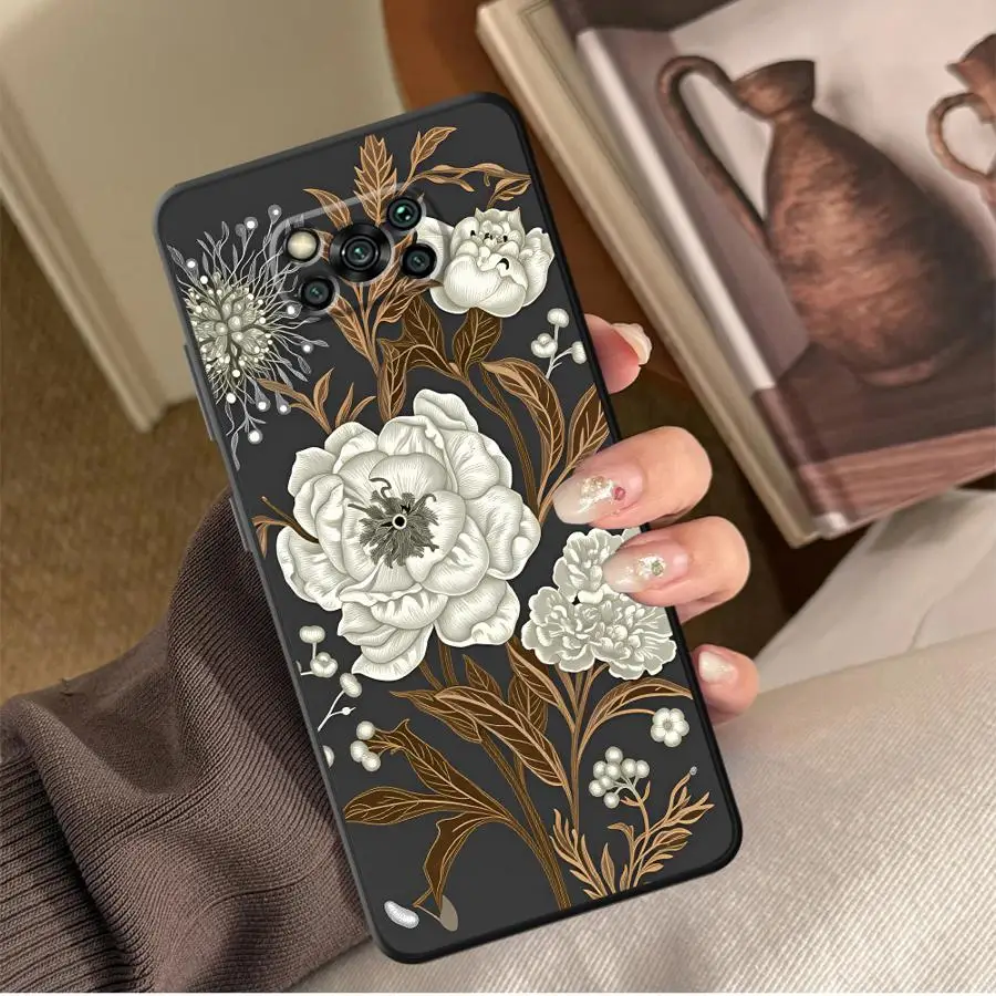 White Silver Lotus Case for Xiaomi Poco F8 F3 X3 X4 X5 X7 Pro C75 C50 F1 C61 M3 M4 M7 M5 Funda Phone Cover C71
