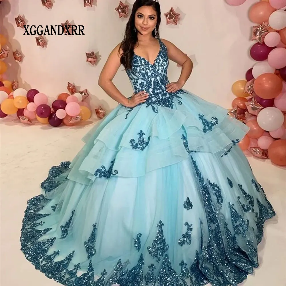 Vestido de Quinceañera Azul Personalizado, Vestido de Gala con Lentejuelas y Apliques, Estilo Princesa Cenicienta, Dulce 16, Vestido de 15 Años