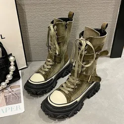 Rock Shoes Woman Luxury Designer Flat Heel Boots-Women Round Toe Fashion 2024 Ladies Autumn Med Ankle Slip-On Cotton Fabric