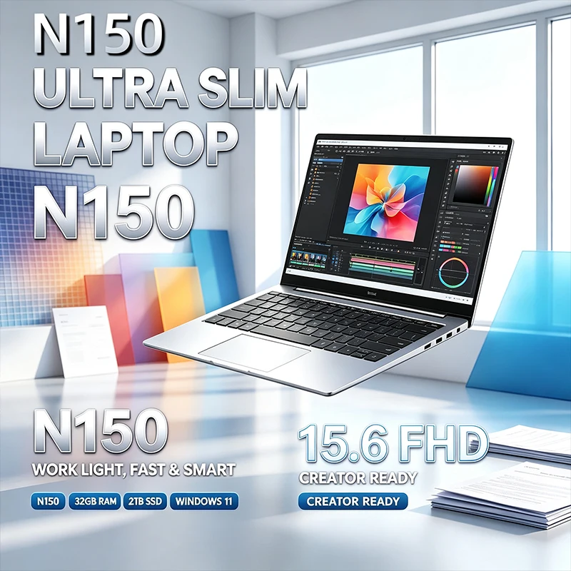 Notebook Ultra Fino de 15,6 Polegadas 120Hz FHD IPS Intel N150 32GB RAM 2TB SSD Teclado Retroiluminado Laptop de Longa Duração para Negócios
