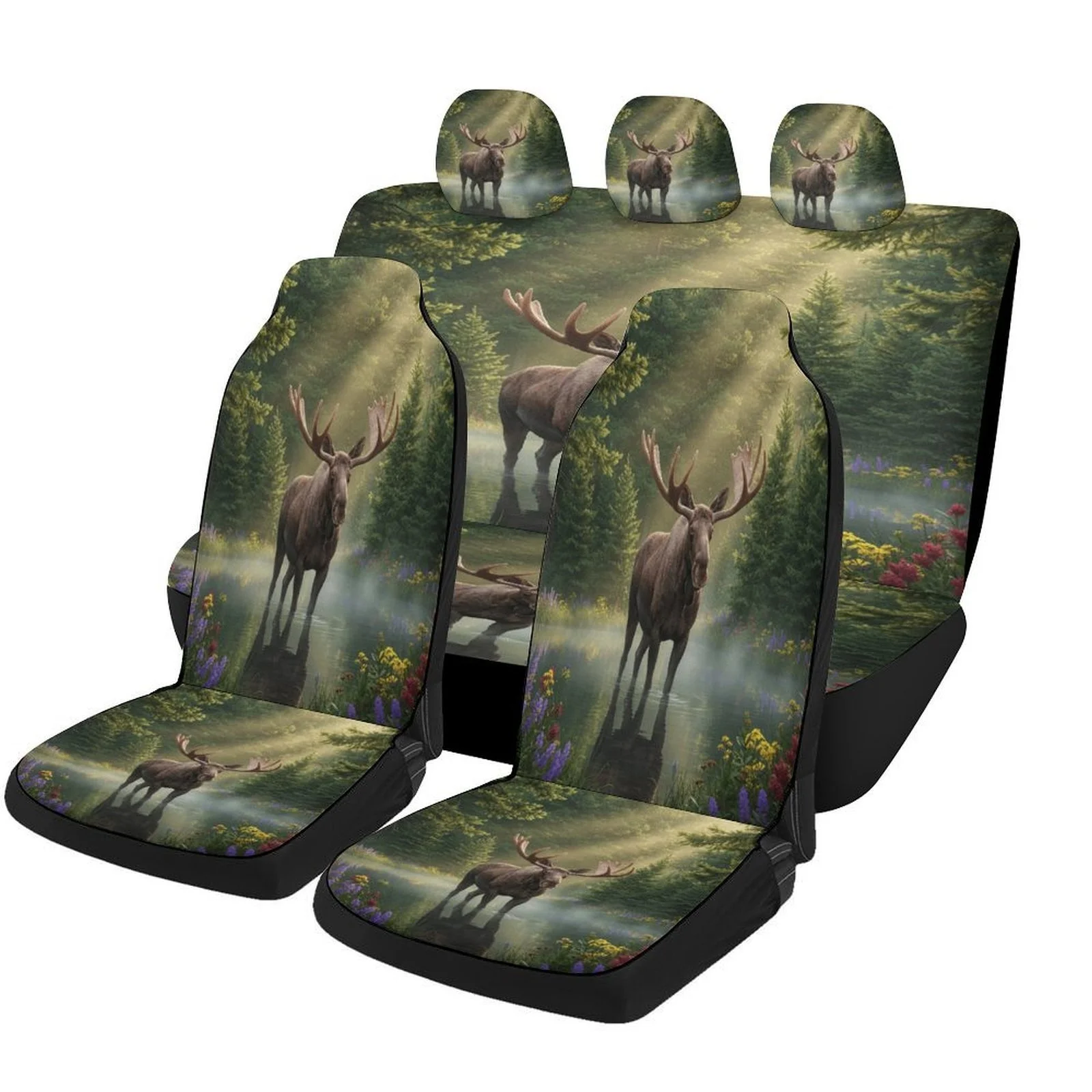 Moose In Forest Stream Themed Car Seat Cover Set - High-Quality Polyester, Universal Fit For Most Cars, Machine Washable, Includ