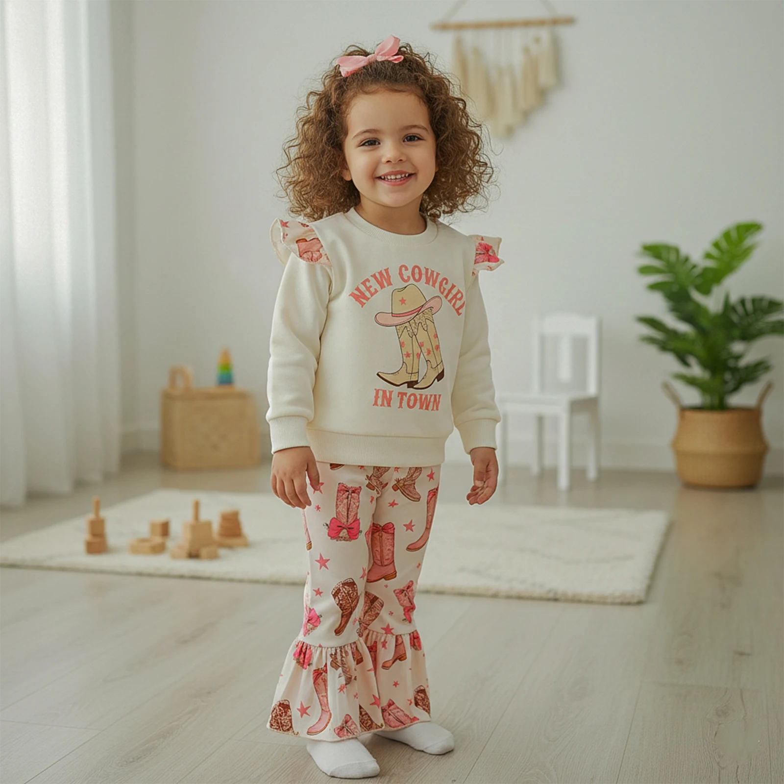 

Пуловер для маленьких девочек, брюки, осень-зима, свитшот с длинными рукавами и буквенным принтом, эластичная талия, сапоги с узором, расклешенные брюки, 2 шт.