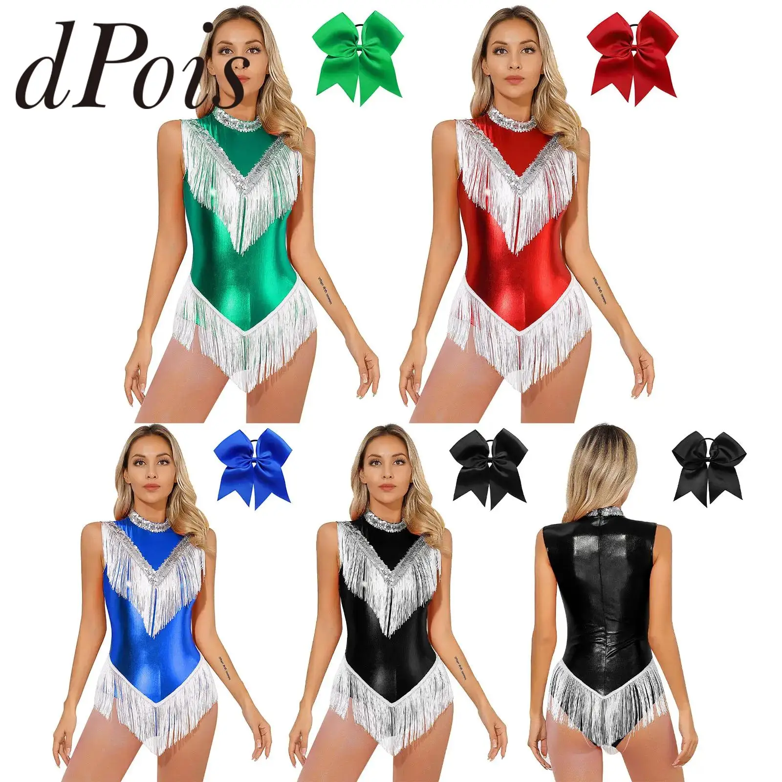 Womens Metallic Samba Tango Latin Dance Fringed Bodysuit Shiny Sequins Sleeveless Tassel Leotard Woman Cheerleading Costumes