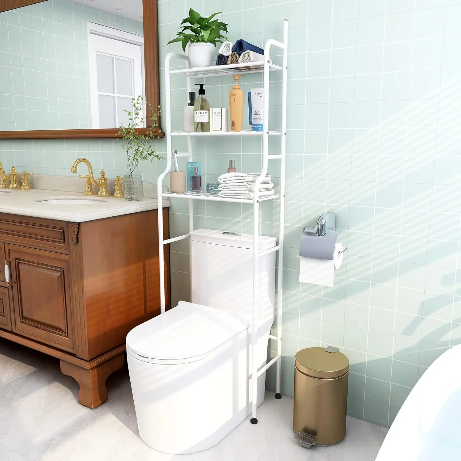 

Органайзер для ванной комнаты с 3 полками над унитазом. Экономия места над полкой для унитаза. Угловая подставка для ванной комнаты. Органайзер для хранения (белый).
