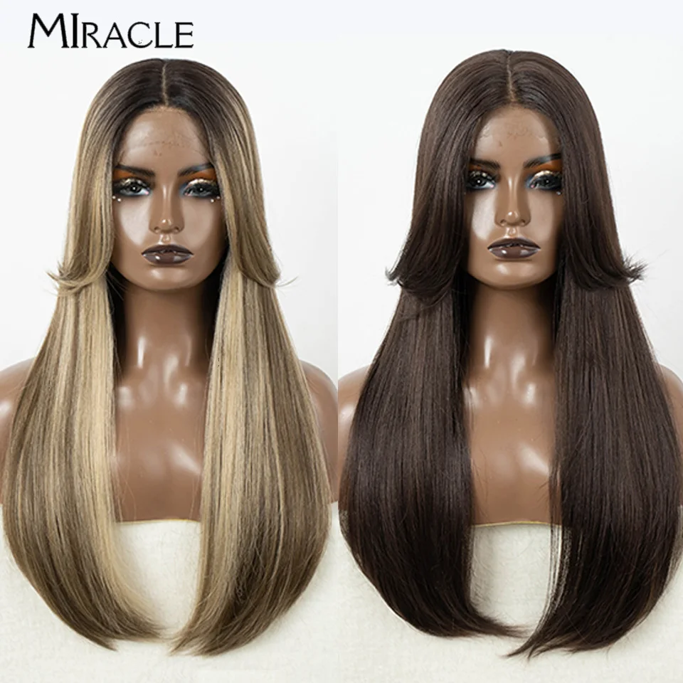 MIRACLE Synthetic Straight 24inch Lace Front Wig Blonde Wig for Women Omber Lace Wig Fiber Hair Daily Cosplay Wig with Bangs