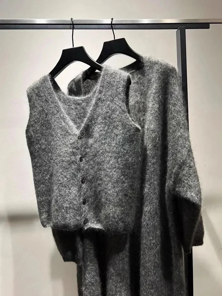 British Style Fashion Fall Winter Grey Sweater for Women 2 Pieces Chic Deep V Neck Camis Tank Vest&Knitted Long Cardigan Coat