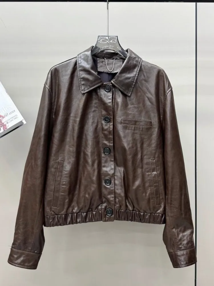 Autunno donna giacca in vera pelle cera d'olio pelle di pecora cappotto retrò monopetto sciolto streetwear capispalla casual da moto