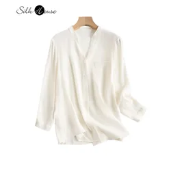 2024 Women's Fashion Summer New 26MM 100% Natural Mulberry Silk Heavy Crepe V-neck White Loose Versatile Pocket Design Shirt