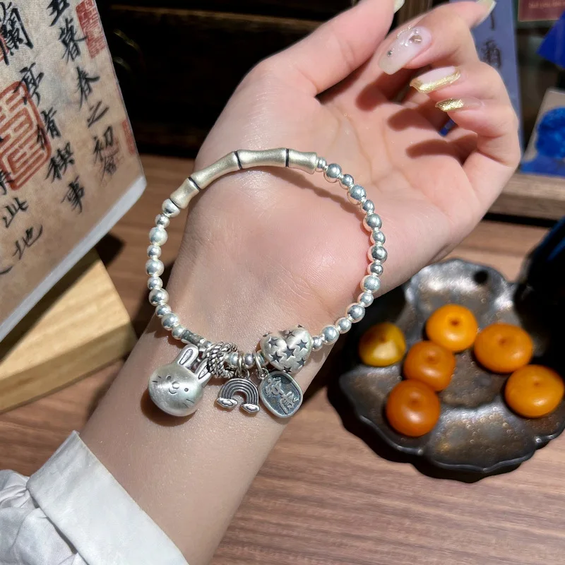 2024 Chinese style love bamboo bunnies Ankang rainbow pendant retro Thai silver bracelet female light luxury high sense