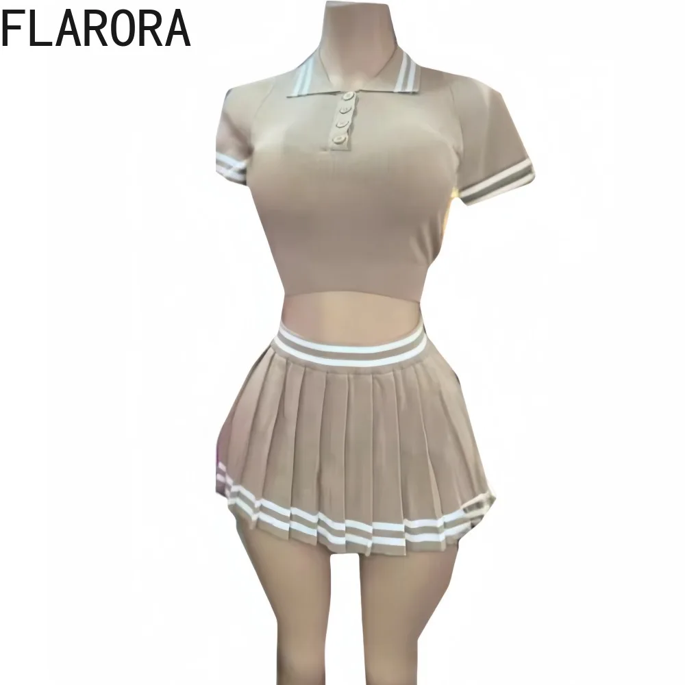 FLARORA Fashion College Style Stripe Splicing Pleated Mini Skirts Two Piece Sets Y2k Woman Polo-collar Tops And Skirts Outfits