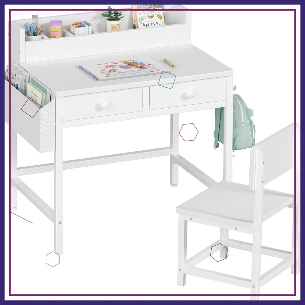 Kids Desk and Chair Set for Ages 5-8, White Study Table with Fabric Drawer Storage, Ergonomic Children's Furniture