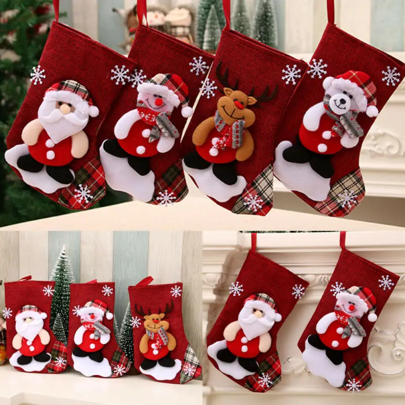 

New Christmas Stockings Gifts Santa Elk Bear Snowman Fabric Sock Candy Bag Fireplace Tree Decoration Home Decor Hanging Ornament
