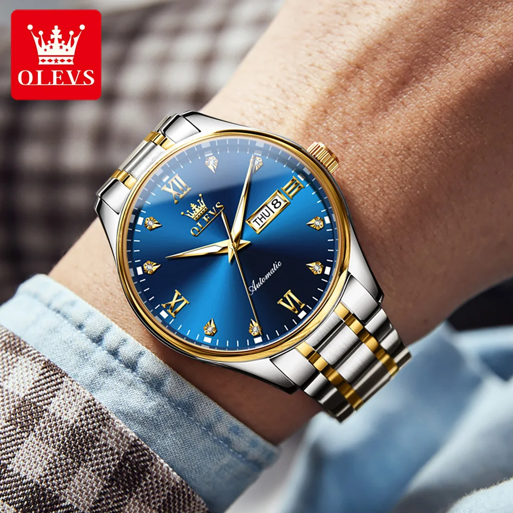 Olevs marca superior dos homens moda azul relógios mecânicos de luxo aço inoxidável à prova dwaterproof água luminosa mãos automático relógios pulso