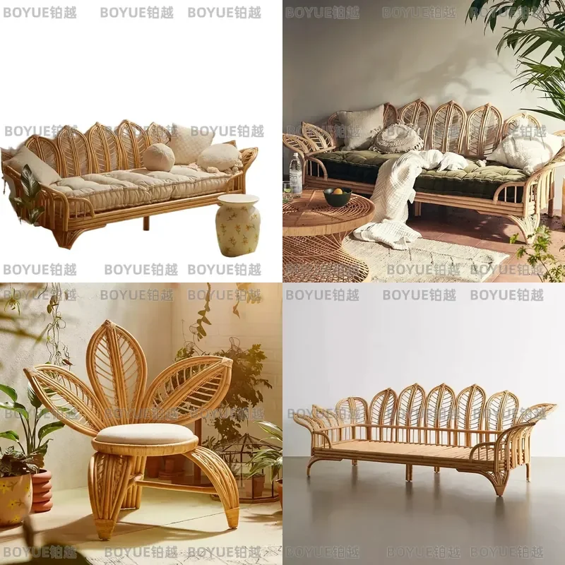 Nordic Natural Rattan Armchair Woven Cane Lounge Chair Boho Indoor Outdoor Patio Furniture Handmade Single Seat Sofa