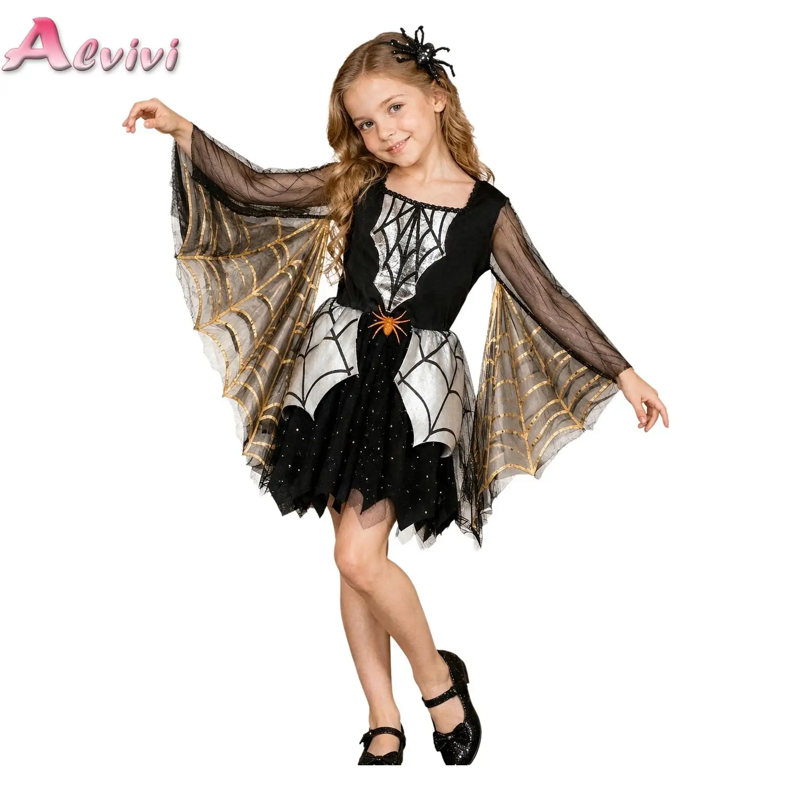 Kids Girls Spider Costume Square Collar Long Sleeve with Metallic Print Tulle Layered Mesh Tulle Skirt Dress for Themed Party