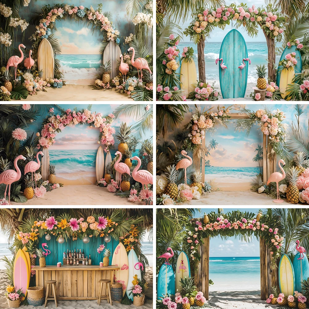 

Summer Tropical Hawaii Photography Background Seaside Surfboard Flamingo Palm Tree Sea Flower Baby Shower Wedding Luau Backdrop