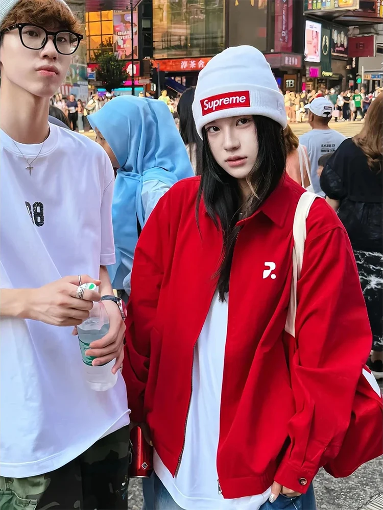 

Red American Harington Workwear Jaet Men's ort Sle Baseball Couple's Casual Faion Windproof Polyester Autumn Jaet