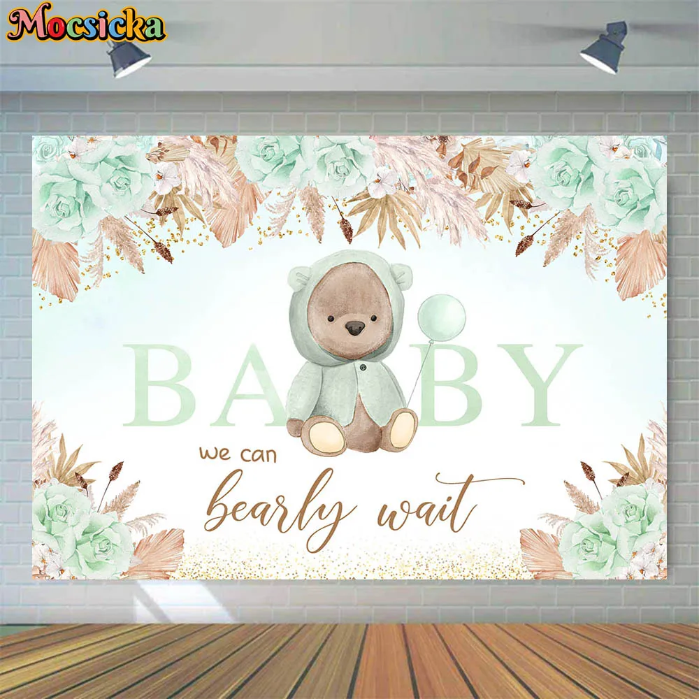 

Mocsicka Baby Shower Backdrop Baby Boy We Can Bearly Wait Bear Green Boho Flower Pampas Grass Photography Background Party Decor