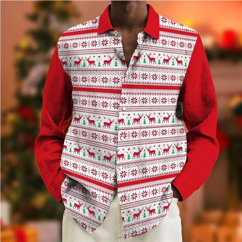 2023 Christmas Gift Top Decoration New Long Sleeve Shirt Party Gold Snowflake New Year Christmas Holiday Button Shirt s-6xl