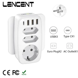 LENCENT EU Wall Socket Extender with 3 AC Outlets 3 USB Ports 1 Type C 5V 2.4A Power Adapter Overload Protection for Home/Office
