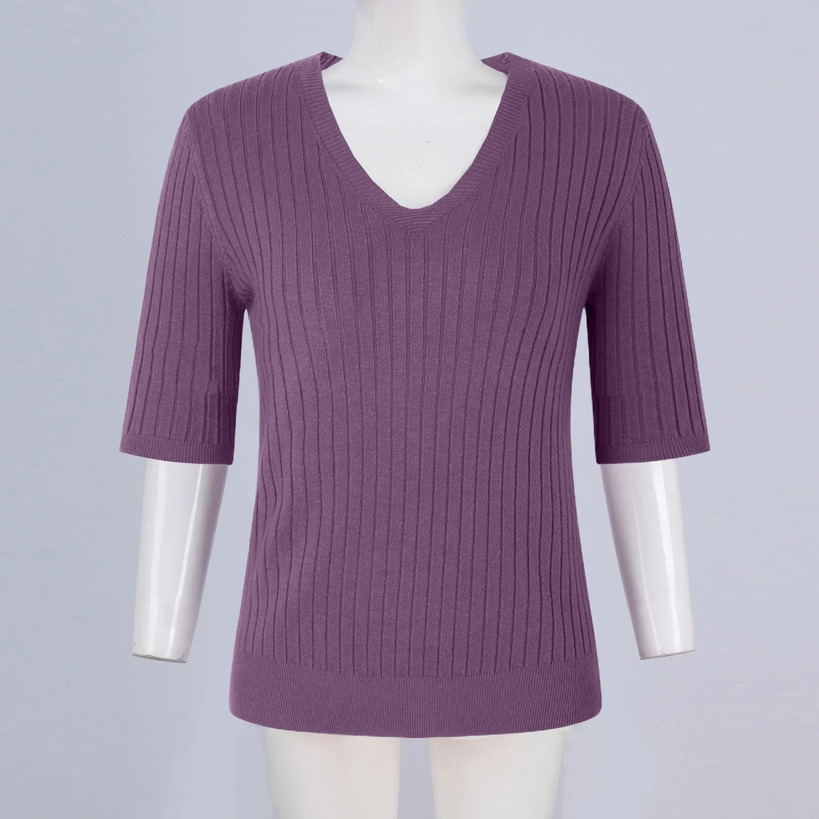 Luźny, oddychający sweter z dzianiny, bluzka z dekoltem w serek, pulower z krótkim rękawem, jednolity kolor, wygodny top na co dzień dla kobiet.