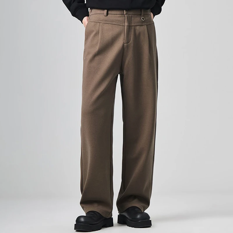 

Мужские плиссированные брюки из шерстяной ткани для костюма, весна-осень, с множеством карманов, без необходимости в ремне, прямые широкие свободные повседневные брюки