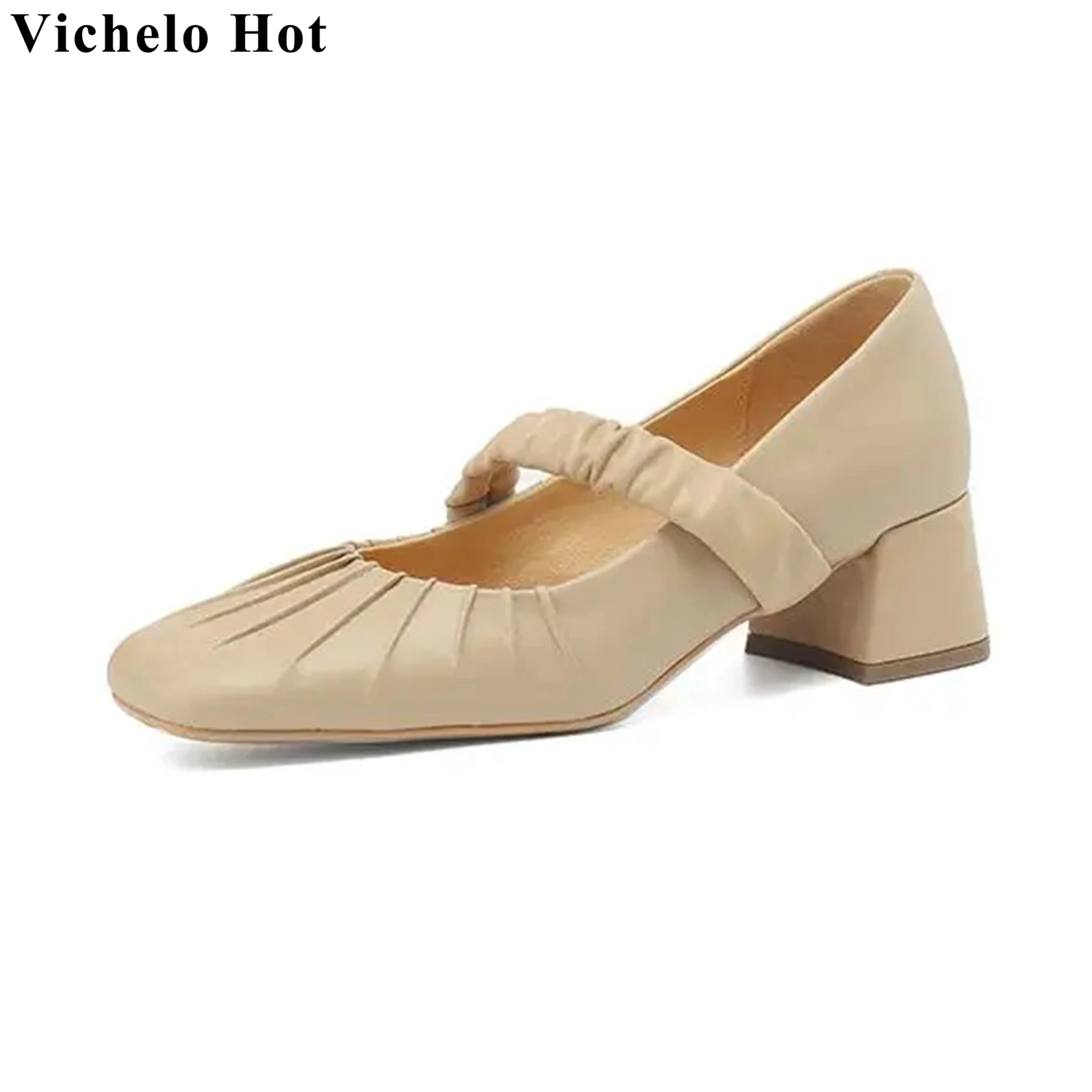 

Vichelo Hot Cow Leather Shallow Square Toe Chunky Med Heels Mary Janes Pleated Fashion Elegant Dating Concise Modern Women Pumps